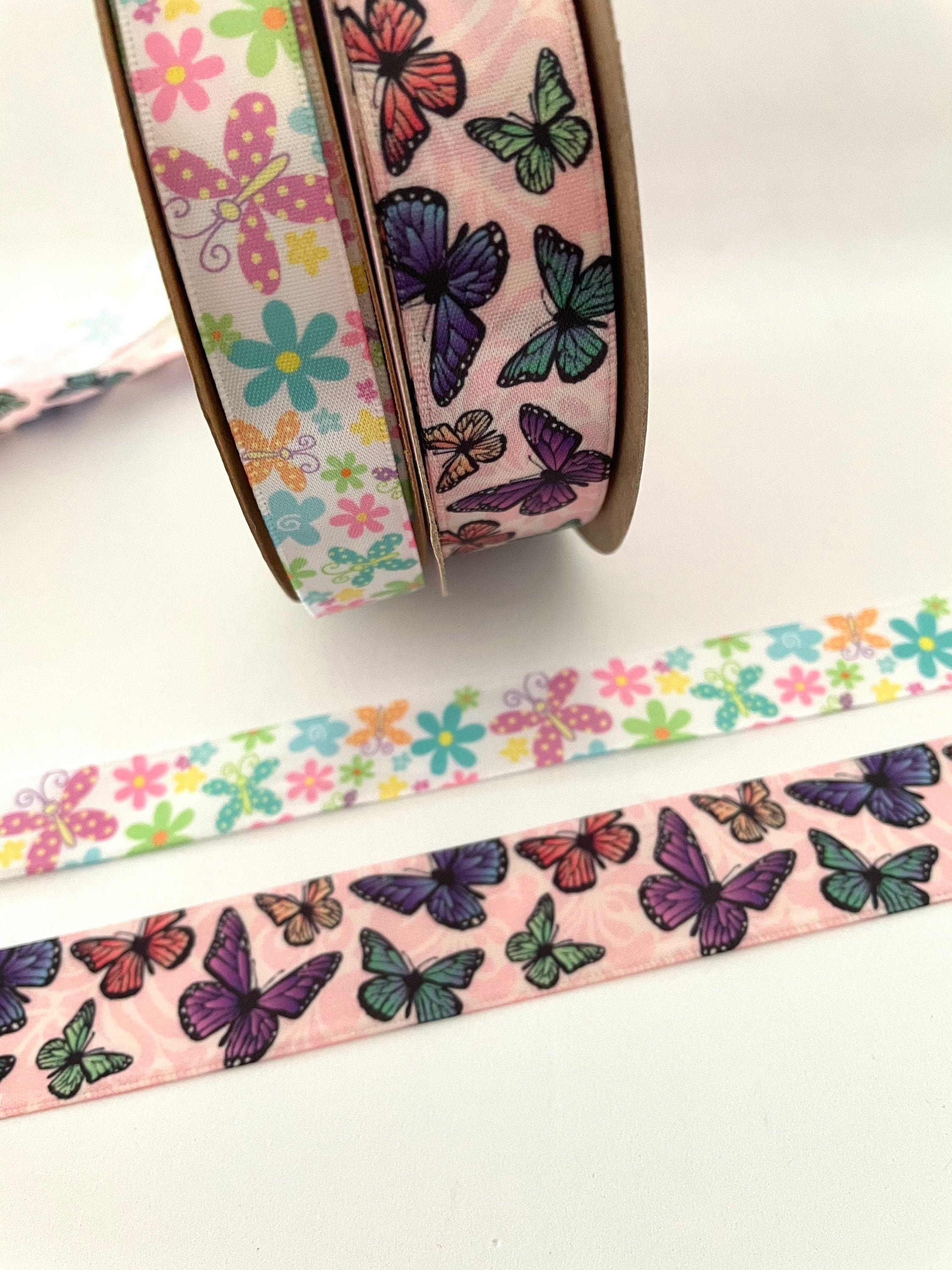 2 Butterfly Ribbons 1-10 Yds,butterflies Ribbon,satin Ribbon,printed Ribbon,decorative ...
