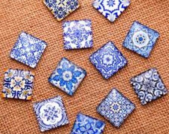 50 pcs, Blue cabochons,chinoiserie gemstone,glass cabochon,square cabochon,flatback cabochon,dome cabochon,findings.