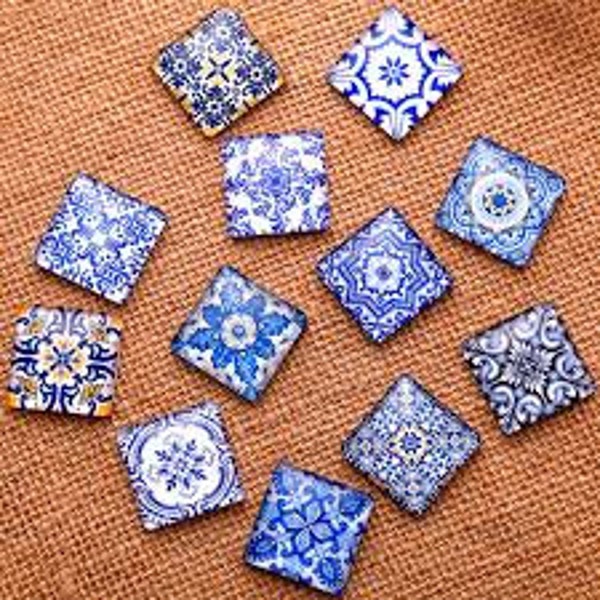 50 pcs, Blue cabochons,chinoiserie gemstone,glass cabochon,square cabochon,flatback cabochon,dome cabochon,findings.