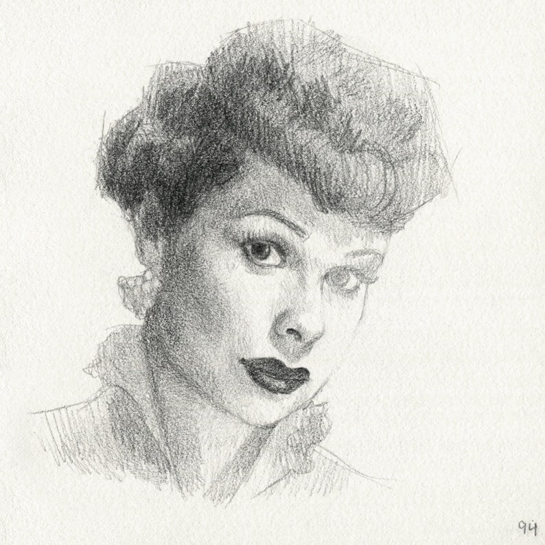 Original 4.75 x 4.75 Graphite Pencil Drawing Portrait Lucy Ricardo I Love Lucy