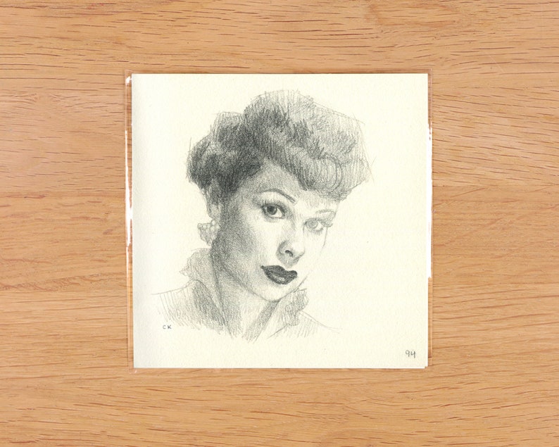Original 4.75 x 4.75 Graphite Pencil Drawing Portrait Lucy Ricardo I Love Lucy