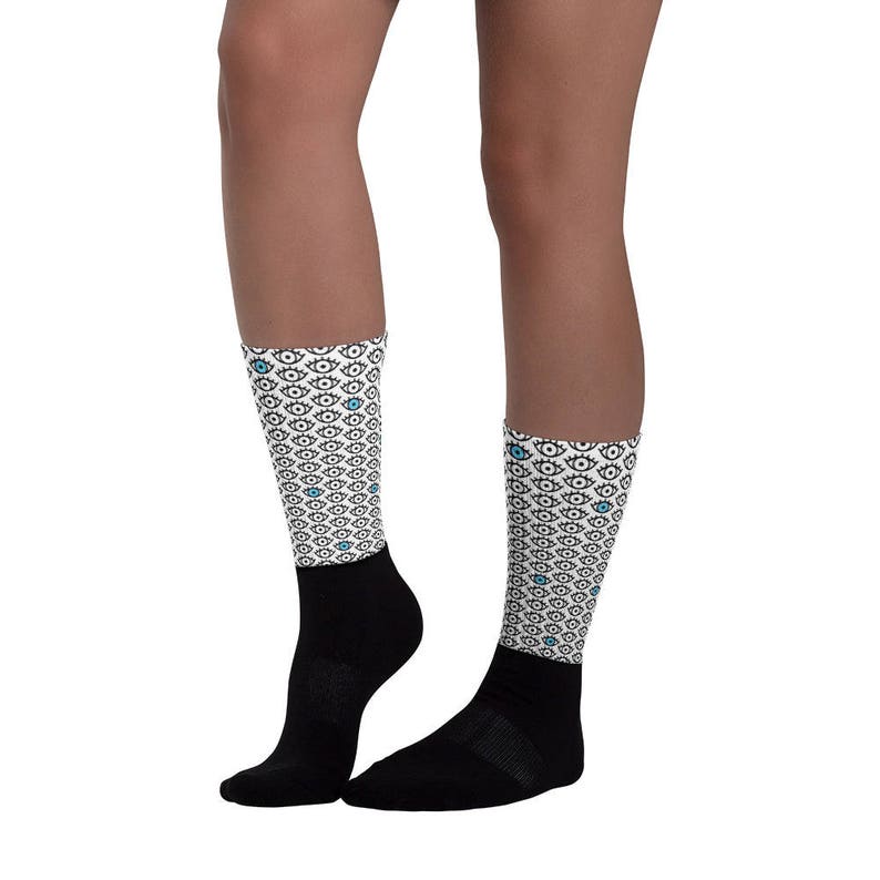 Punk Socks Grunge Socks Eye Socks Spooky Black White and Blue Eyes Print Crew Socks Made to Order