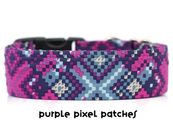 Purple Dog Collar, Pixel Dog Collar, Girl Dog Collar, Purple Girl Collar, Summer Dog Collar (Metal Buckle, Martingale, Breakaway)
