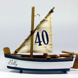 Personalised Birthday cake topper, miniature model sailing skiff, boat, nautical, beach theme, 10cm