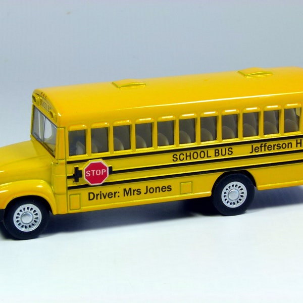 Personalised custom small die cast model toy yellow school bus Drivers gift or any occasion, any name, 12.5cm