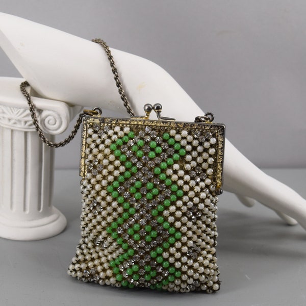 Jadeite Green & White Beaded Vintage 20s 30s Cocktail Purse Wristlet