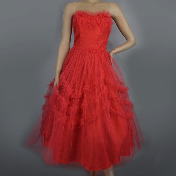 Red Ruffled Tulle Vintage 50s Formal Prom Gown Party Dress M