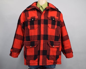40s 50s Vintage Woolrich Coat, Red and Black Mackinaw Plaid Wool