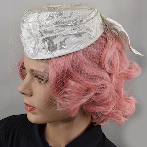 Silver Metallic Vintage 60s Pillbox Hat with Veil and Bow