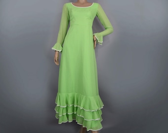 Lime Green Polka Dot Vintage 70s Maxi Dress with Ruffles (S)