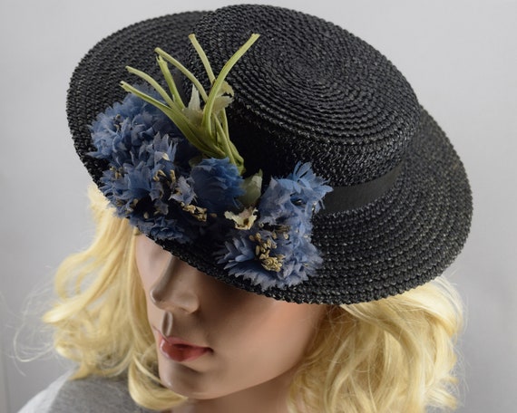 Black Straw Womens Boater Style Vintage 30s Tilt … - image 5