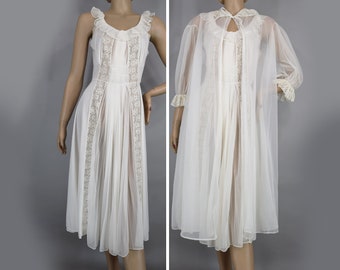 White Chiffon Crystal Pleated Vintage 60s Peignoir Gown & Robe Set S M