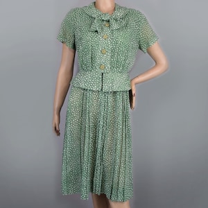 Green & White Vintage 50s Dress and Jacket Set Lightweight Sheer Dot Print M
