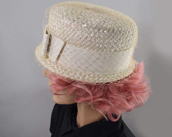 Vanilla Cream Lightweight Straw Vintage 60s Hat w… - image 3