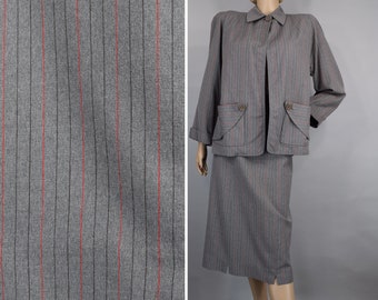 Grey Pinstripe Vintage 40s Skirt Suit Dress Swing Jacket Pencil Skirt S