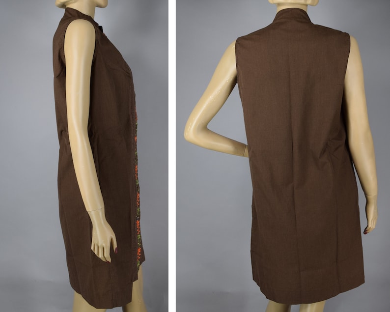 Chocolate Brown Vintage 70s Sleeveless Shift Dress with Embroidered Flowers M L