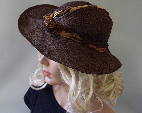 Chocolate Brown Vintage 30s Hat Wide Brim Straw Su