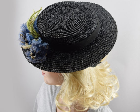 Black Straw Womens Boater Style Vintage 30s Tilt … - image 4