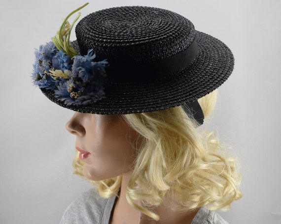 Black Straw Womens Boater Style Vintage 30s Tilt … - image 6