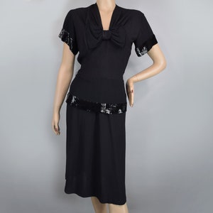 Black Vintage 40s Dress with Sequin Trim and Peplum Waist Swing Era Sparkle M