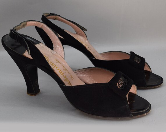 Black Strappy Velour Vintage 50s High Heel Shoes Pump… - Gem