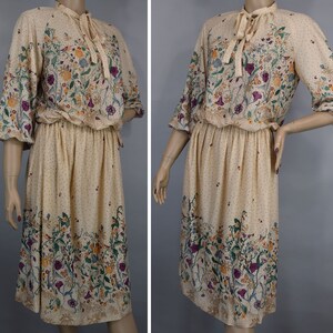 Cream Boho Floral Vintage 70s Top & Skirt Set with Puff Sleeve and Neck Bow S M image 2