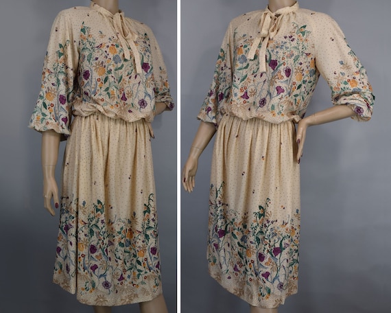 Cream Boho Floral Vintage 70s Top & Skirt Set wit… - image 2