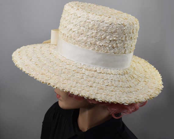 Cream White Vintage 60s Straw Hat with Wide Brim … - image 6