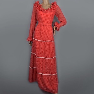Red & White Polka Dot Vintage 70s Maxi Dress with Ruffled Collar M