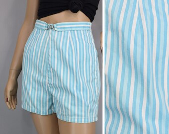 Light Blue & White Striped High Waist Vintage 50s Shorts by Koret of California XS S