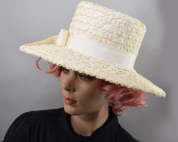 Cream White Vintage 60s Straw Hat with Wide Brim … - image 1