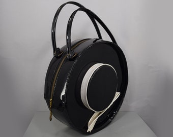 Black Patent Vintage 60s Novelty Purse in a Whimsical Round Hat Shape Box Purse Handbag