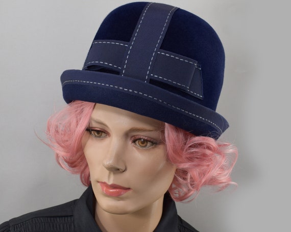 Mod Navy Blue Velour Vintage 60s Cloche Hat with … - image 2