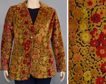 Orange Red & Black Tapestry Floral Vintage 70s Jacket Blazer L