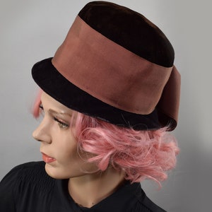 Brown Velvet Vintage 60s Hat with Extra Wide Ribbon Accent and Short Brim