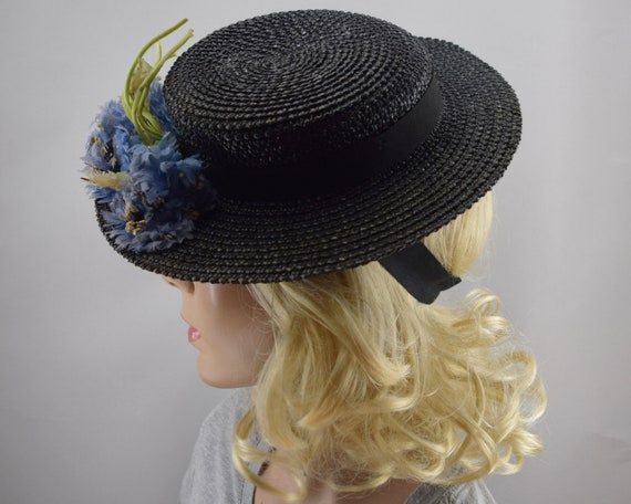 Black Straw Womens Boater Style Vintage 30s Tilt … - image 3