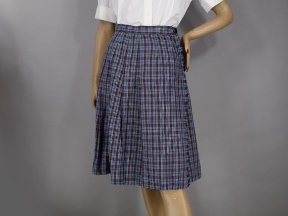 Blue Red Tartan Plaid Kilt Style Vintage 50s Wrap Skirt XS S