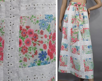 Pink & Blue Vintage 70s Maxi Skirt with Floral Patch and Eyelet Lace S M