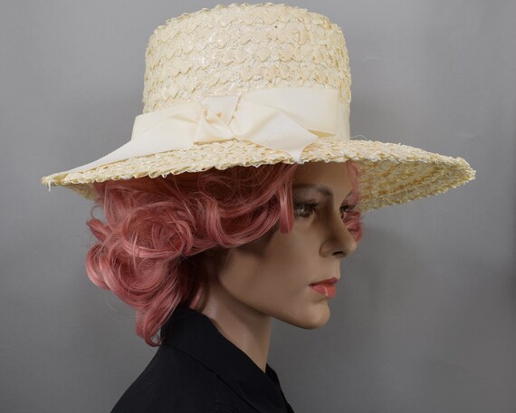 Cream White Vintage 60s Straw Hat with Wide Brim … - image 5