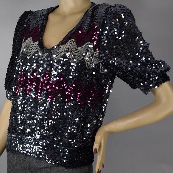 Vintage 80s Boxy Oversized Sequin Blouse Black Pink 12 14