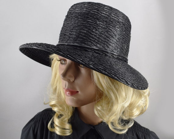 Black Straw & Patent Wide Brim Vintage 60s Hat - image 1