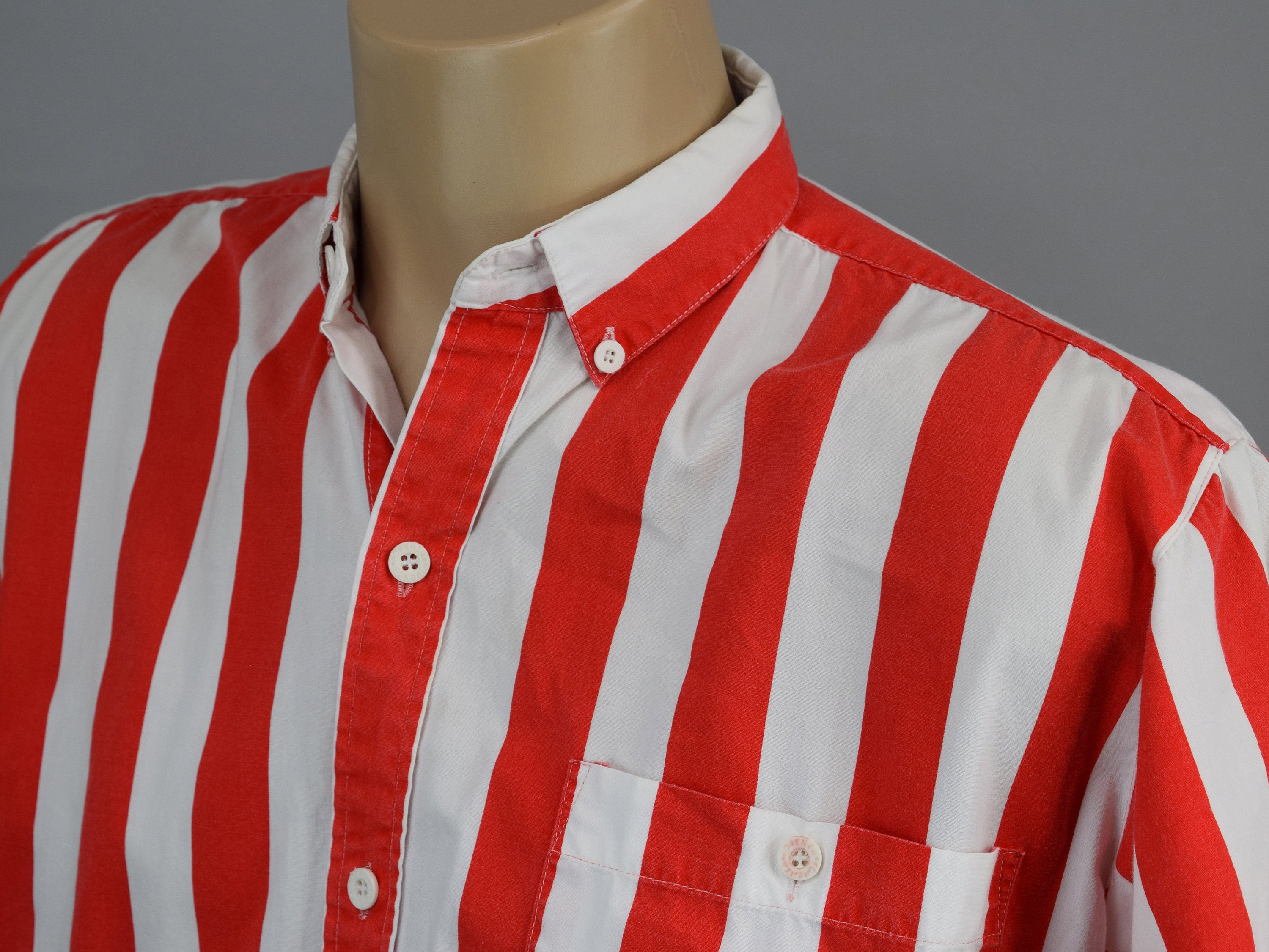 White & Orange Stripe Vintage 80s Button Shirt by Forenza