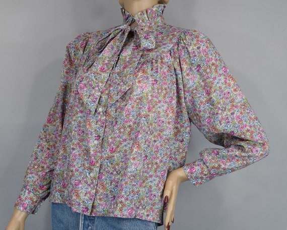 Gray & Pink Ditsy Floral Print Vintage 80s Pussy Bow … - Gem