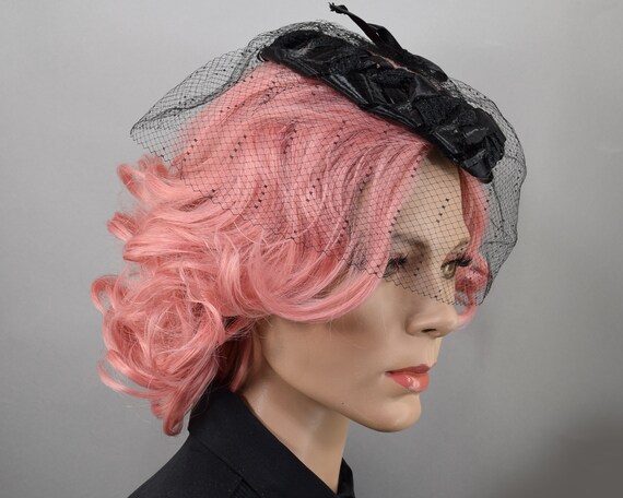 Black Straw Vintage 50s Ringlet Hat with Dotted N… - image 2