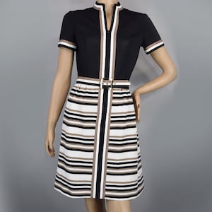 Black White & Tan Striped Vintage 70s Knit Mini Dress Mod Era S