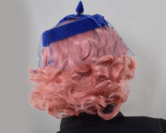 Royal Blue Velvet Vintage 50s Ringlet Hat with Tu… - image 6