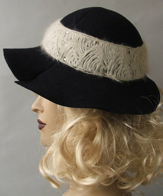 Navy Blue Vintage 40s Wide Brim Fedora Hat with Ca