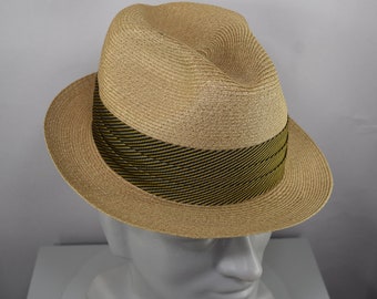 Vintage 50s Tan Woven Straw Fedora Hat by Dobbs size 7