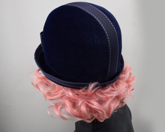 Mod Navy Blue Velour Vintage 60s Cloche Hat with … - image 6