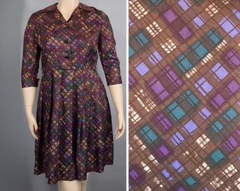 Brown Green & Purple Vintage 60s Shirtwaist Dress with Grid Pattern Print M L